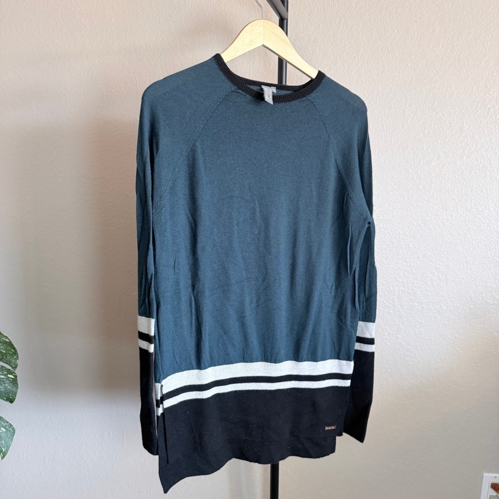 Sweaty Betty Merino Wool Women Teal Blue Colorblock Raglan Knit Sweater Medium M